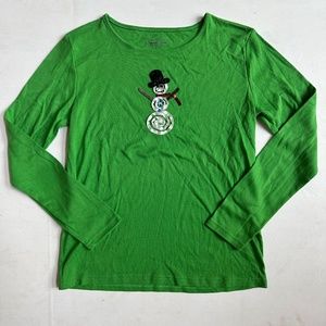 Vintage Kelly Green Christmas Snowman Graphic Long Sleeve Shirt